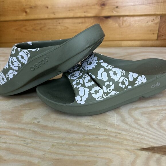 OOFOS Ooahh Olive Green & White Floral Slides / Sandals - Picture 3 of 5